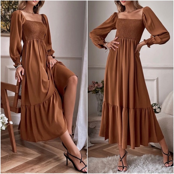 Boho Puff Sleeve Ruffle Maxi Dress Rust Brown - Picture 2 of 3